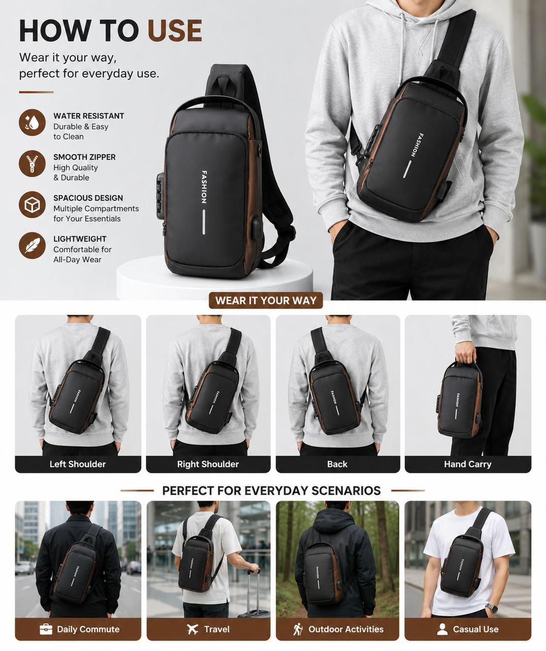 Anti-Theft Cross Body Bag – Secure Chest & Shoulder Sling Bag for Men & Women – Multi-Pocket Travel Crossbody Bag with Adjustable Strap (Random Colour) - Image 6